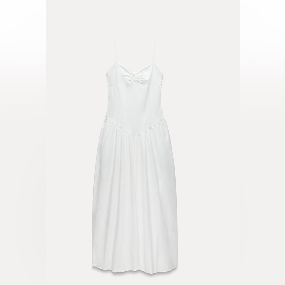 Zara White Cotton Maxi Strappy Gabardine Dress V Neck Flounced hem size XS NWT - Picture 10 of 16